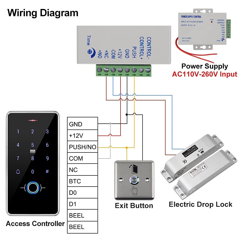 GXYKit de système de contrôle d'accès de porte RFID Clavier étanche à empreinte digitale IP68, Serrure à verrou électronique, Alimentation 12V 3A, Bouton de commutation, 10pcs IC 13.56MHz Keychains
