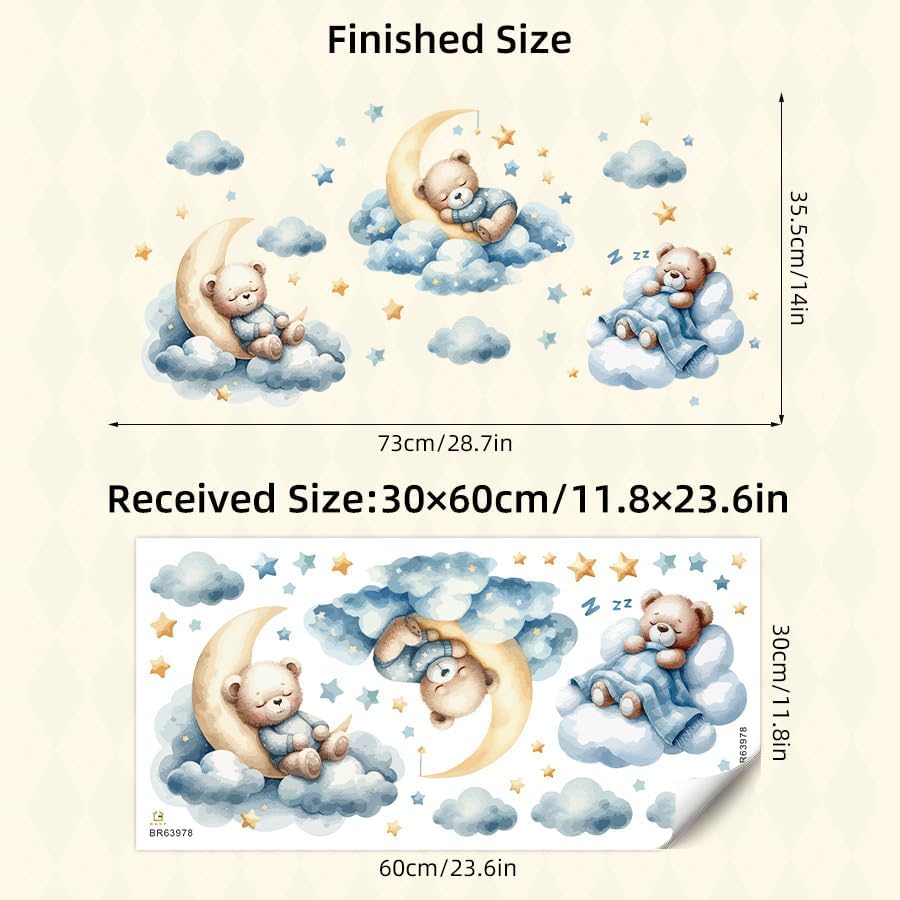 Miniatura 5 de Calcomanías de pared con diseño de oso de dibujos animados azules, diseño de nube, estrella de animales, calcomanías de pared para habitaciones de