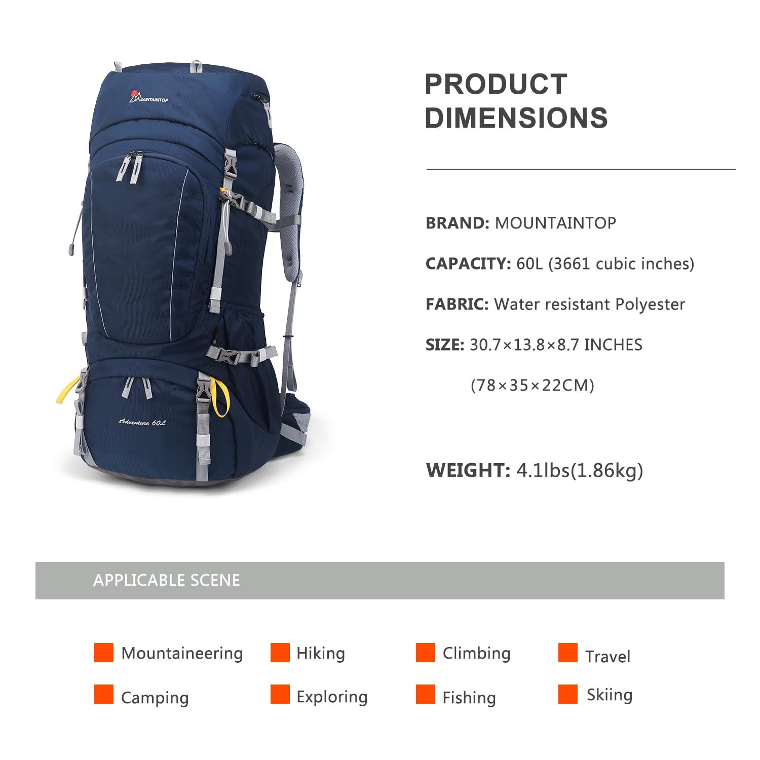 Mountaintop Sac à dos de trekking 60 l - Pour homme et femme - Grand sac à dos avec protection contre la pluie - Pour l'extérieur, les voyages, le camping, le trekking