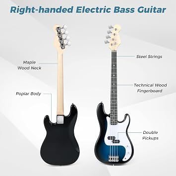 Costzon Electric Bass Guitar, 46 4 String Full Size Beginner Bass Guitar Kit with 2 Pickups, Open-gear Tuning, Gig Bag, Cable, Strap, Rope & 3 Picks, Right-handed Bass Guitar for Starter (Blue)