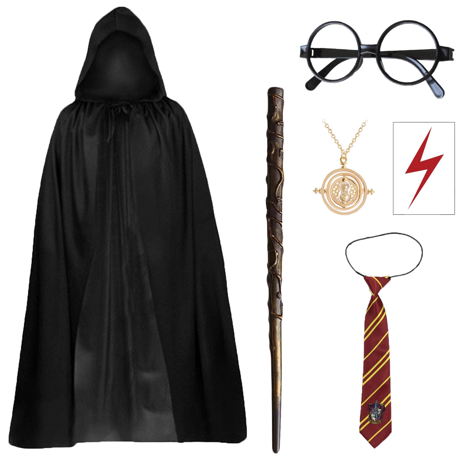 AXERHK 6 PCS Wizard Cape Costume, Potter Accessories Set including Cloak, Tie, Glasses, Wand, Tattoo Sticker and Necklace