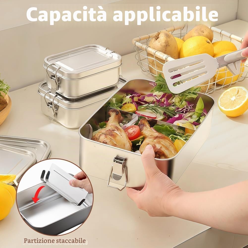 Contenitore per Il Pranzo in Acciaio Inox, Porta Pranzo in Acciaio con 2 Scomparti 1200ml, Senza BPA, Bento Lunchbox Prova di Perdite per Adulti e Bambini