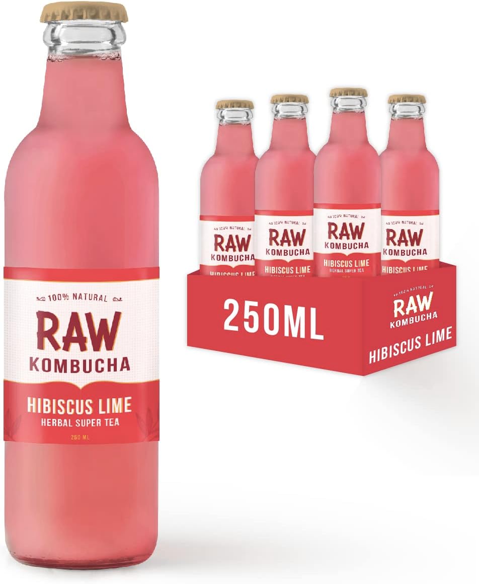 Raw Kombucha- Herbal SuperTea - Hibiscus Lime (250ml bottles), 6 Pack|Original Kombucha| Delicious, fermented tea with gut-healing and detoxifying properties
