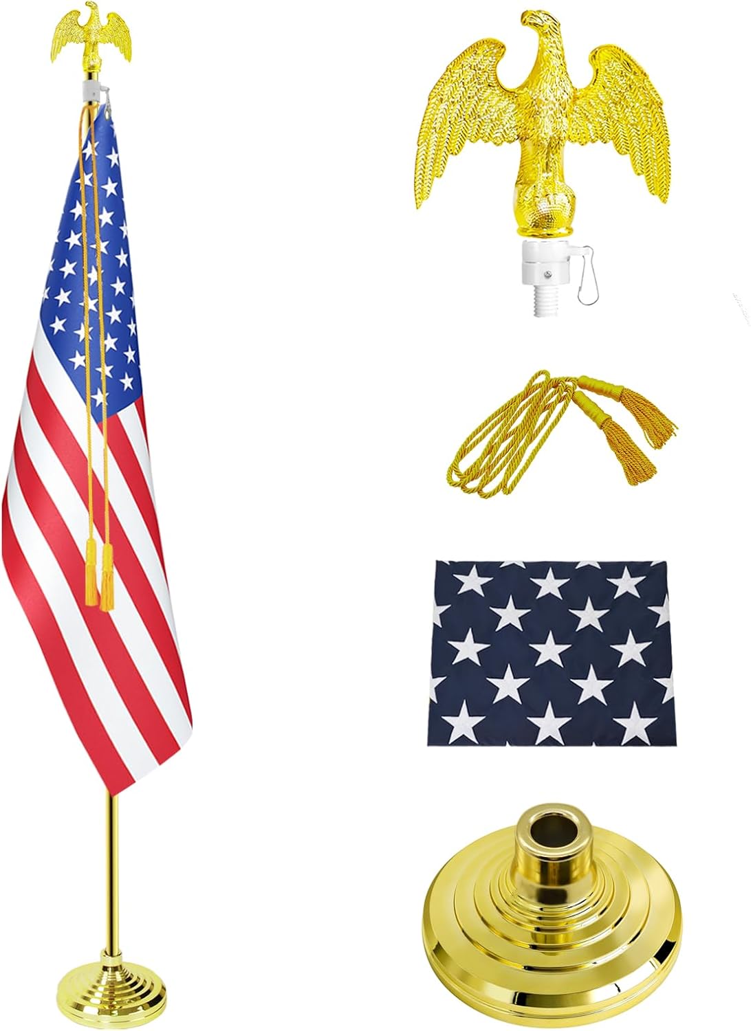 Indoor Flag Pole Kit - Telescoping 6FT-8FT Flag Pole with Base, 3x5 FT American Flag, Eagle Topper, Yellow pendant - Glod Flagpole and Stand, for Office School City Hall(1Pack) Golden Eagle-1Pack