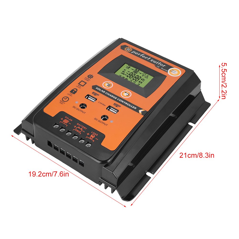 12V/24V 50A Regulador Solar MPPT Versión Corta Controlador de Carga Solar, Regulador para Panel Solar y Batería con Doble USB y Pantalla LCD