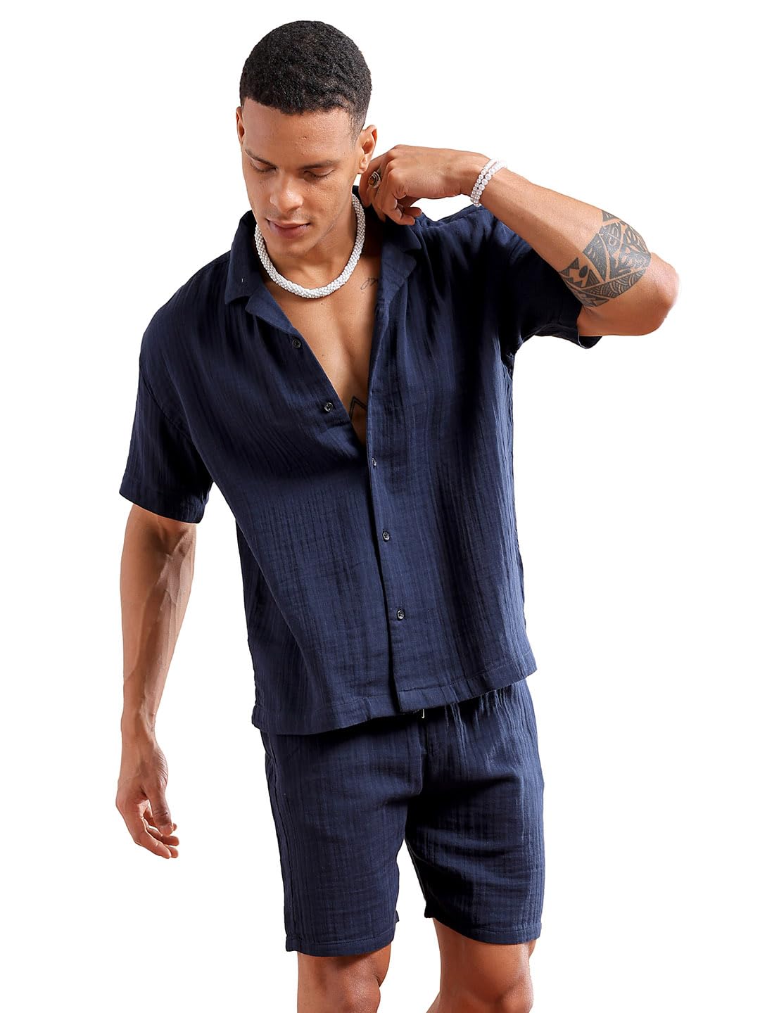 Men Regular Fit Solid Resort Wear Shirt & Boxers Co-ords Set