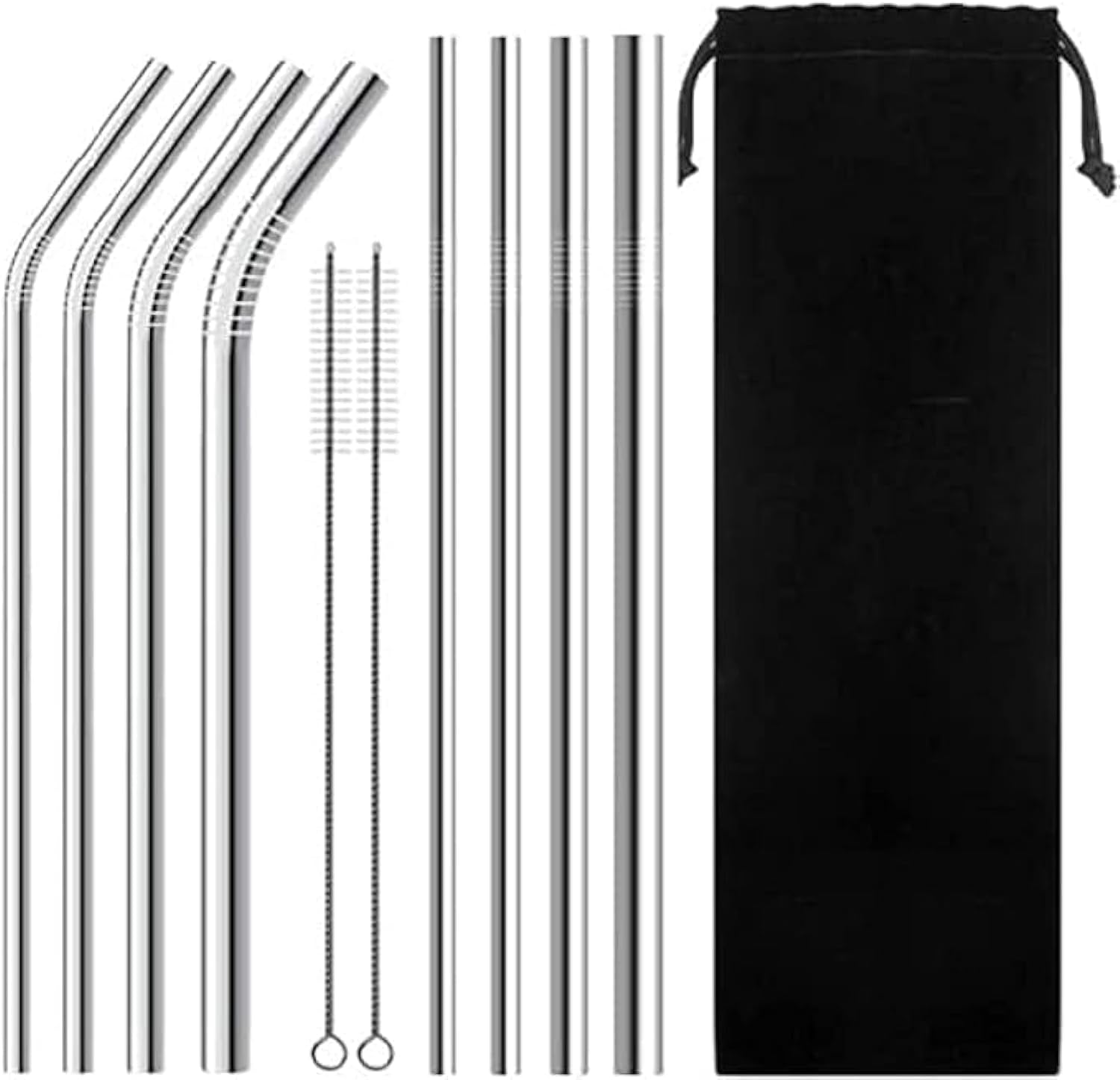 Straws - 8 Reusable Straws (4 Bent + 4 Straight) with 2 Cleaning Brushes and Carry Pouch - Perfect for Milkshakes, Juices, and Bubble Tea (Stainless Steel)