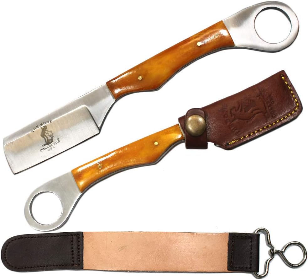 8" Overall Bone Collector Hand Made Straight Razor with Leather Strop and Sheath (Yellow Bone)