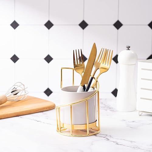 Miniatura 6 de Soporte de bolígrafo blanco y dorado para escritorio, vaso de lápices, soporte de cerámica con marco de metal, soporte para brochas de maquillaje