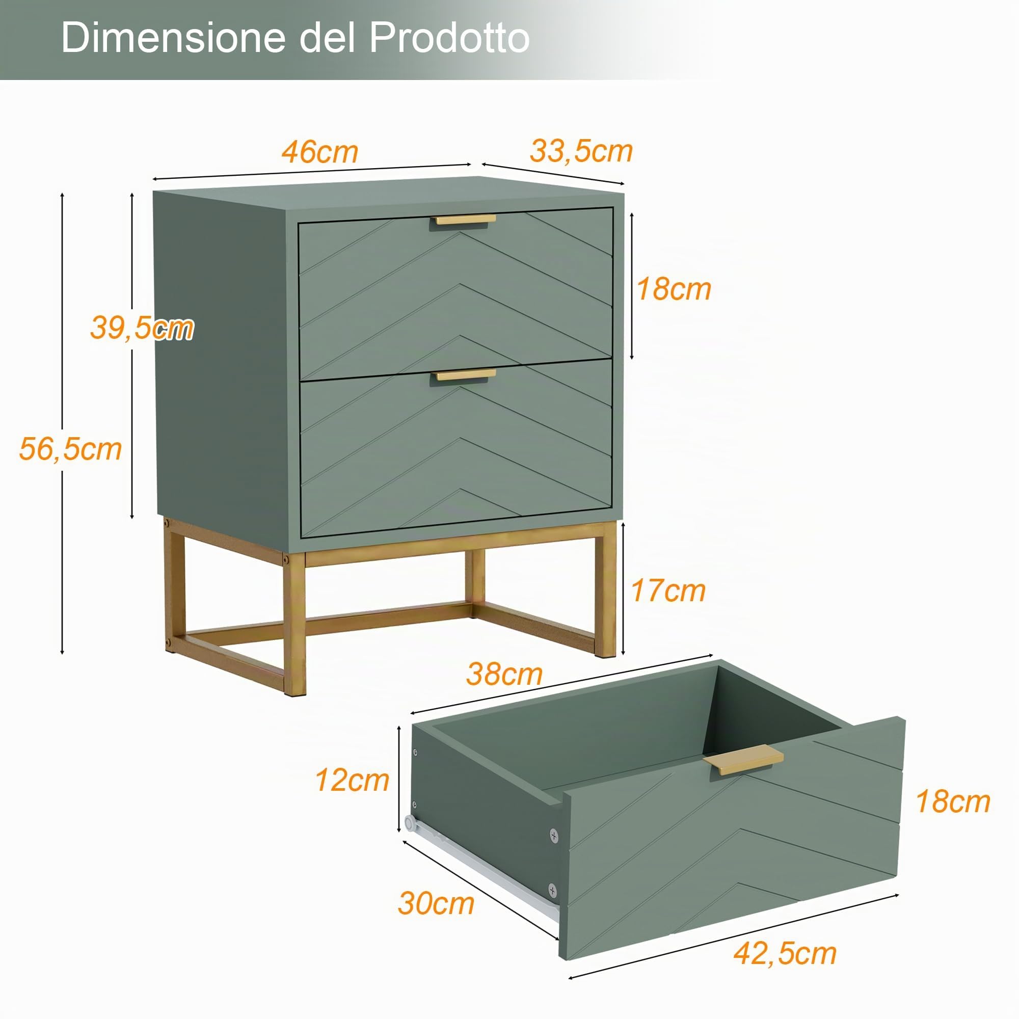 UEV Set di 3 Mobili con Motivo V per Camera da Letto, Cassettiera a 6 Cassetti e Set di 2 Comodini, Stabile Mobiletto con Miniglie e Piedini in Metallo, Verde