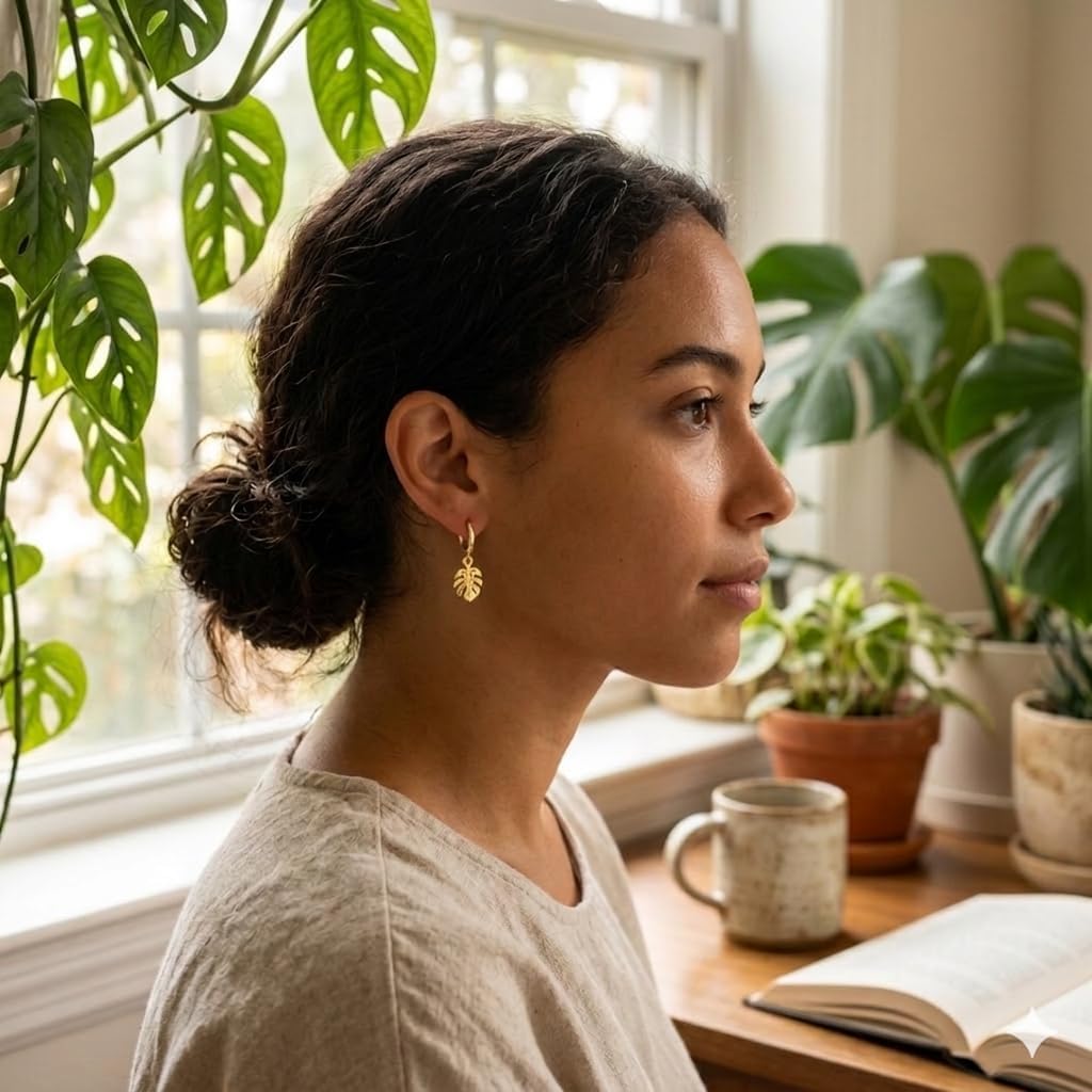 Monstera Leaf Hoop Earrings for Women - Gold Huggie Hoops with Tropical Plant Charm, Lightweight Botanical Jewelry, Gift for Mom