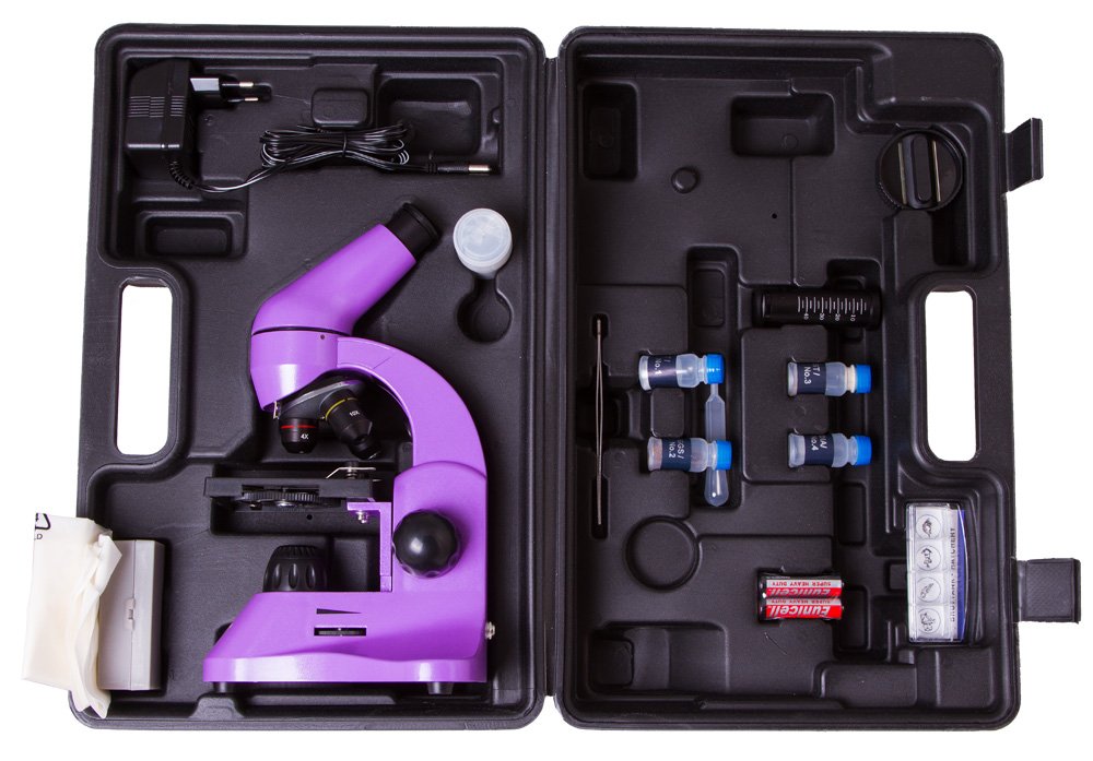 Levenhuk Rainbow 50L Amethyst Kit Científico Educativo con Microscopio Biológico Portátil 800x, Guía de Experimentos Ilustrada, Muestras Preparadas, Herramientas Científicas y Maletín (EN)