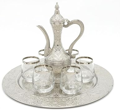Modefa Kitchen & Dining Serving Set - Luxury Turkish 8 Piece Zamzam Water Cup Set - Round Ottoman Style Tray with Pitcher Silver, Glass