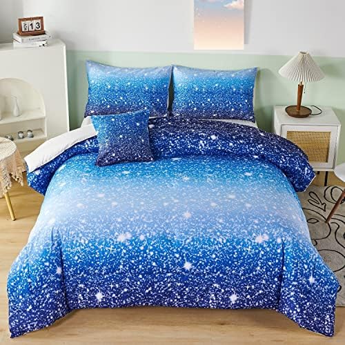 RYNGHIPY 6Pcs Gradient Aqua Blue Navy Ombre Comforter Sets with Sheets Pillowcases, Full Size Sparkle Glitter Design Comforter Bedding Collections for Kids Boys and Girls