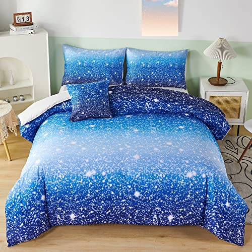 Rynghipy 6Pcs Gradient Aqua Blue Navy Ombre Comforter Sets With Sheets Pillowcases, Full Size Sparkle Glitter Design Comforter Bedding Collections For Kids Boys And Girls #TOP7