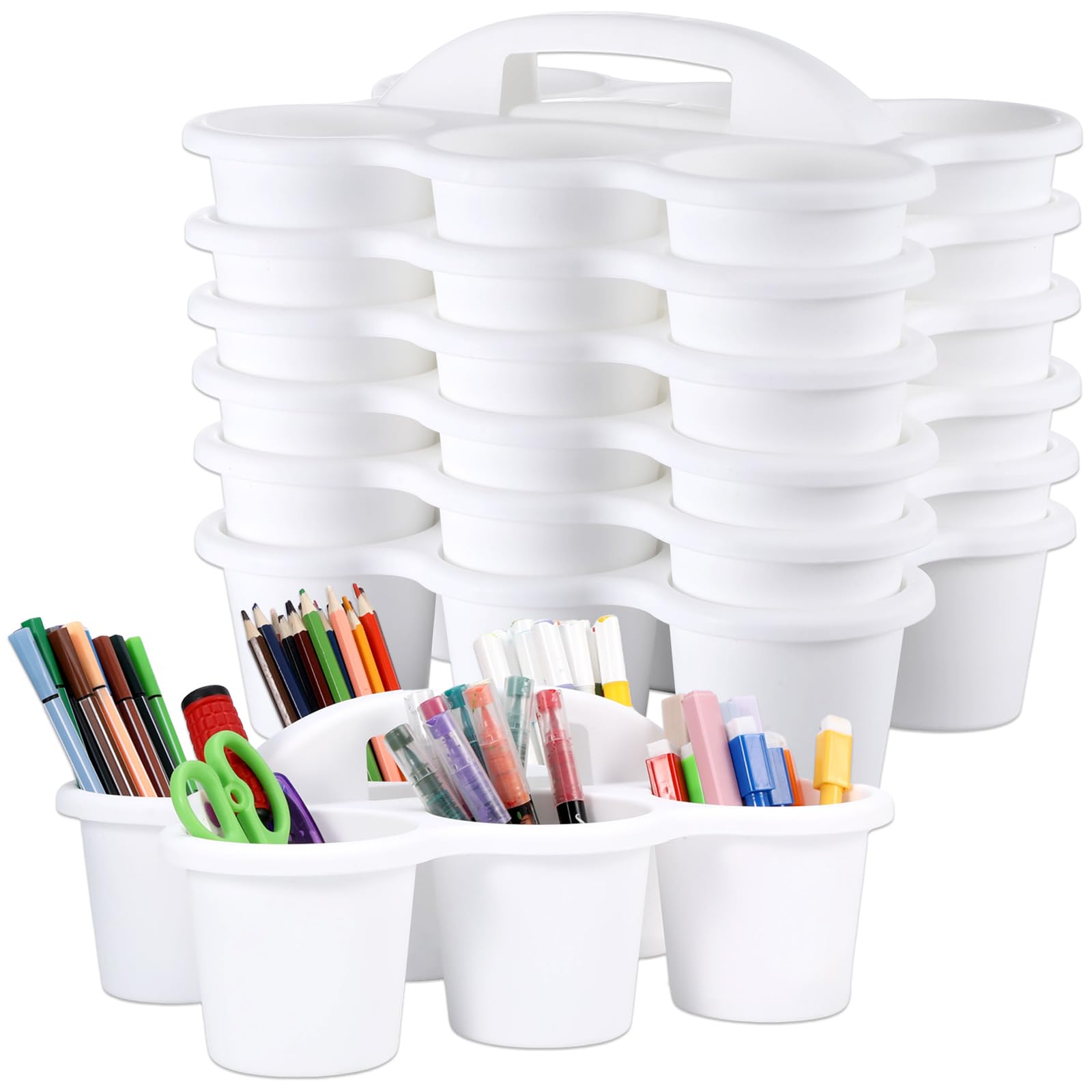 6 Pack Classroom Caddy with Handle Plastic Storage Caddy Organizer with 6 Compartments Drink Cup Caddies Holder Portable Storage Bin for Pencil, Crayon, Marker, Home, Office, School Supplies(White) โ image 1