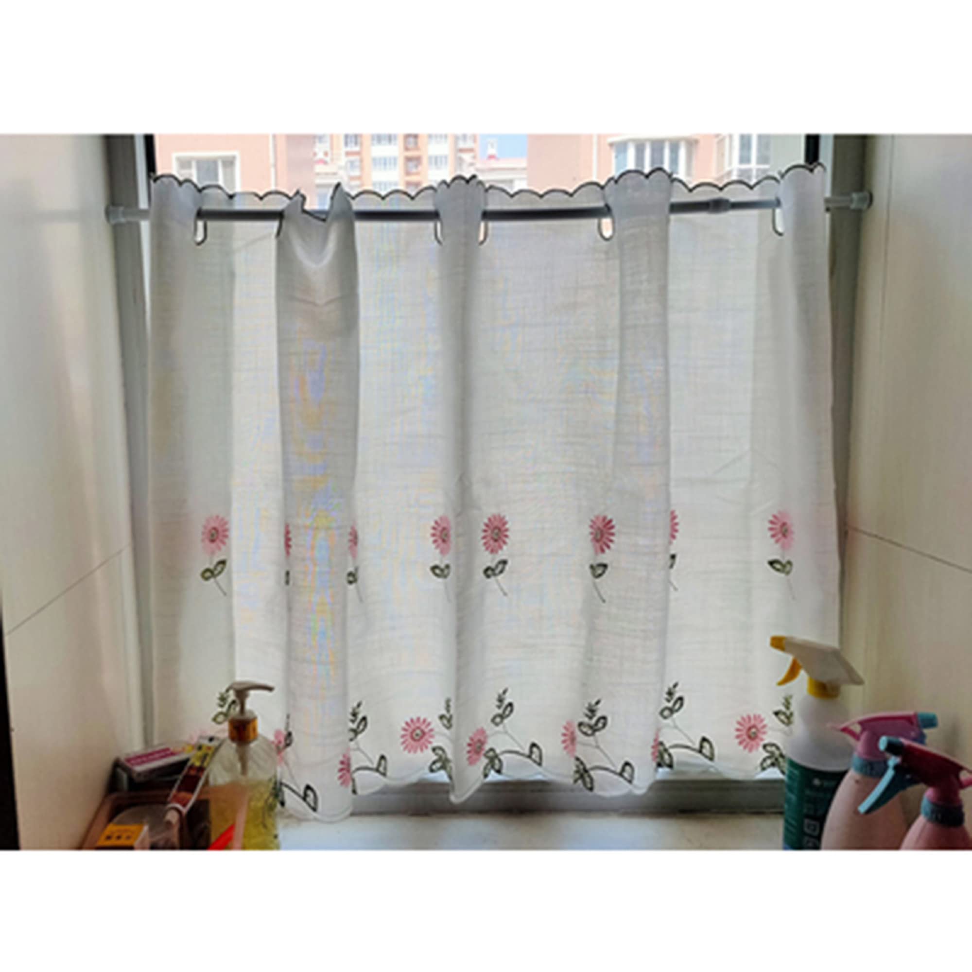 Scheibengardine Bistrogardine Landhaus Küche Transparent Kurzstores Gardinen Gänseblümchen-Stickerei Vorhang/A / W175xH83cm