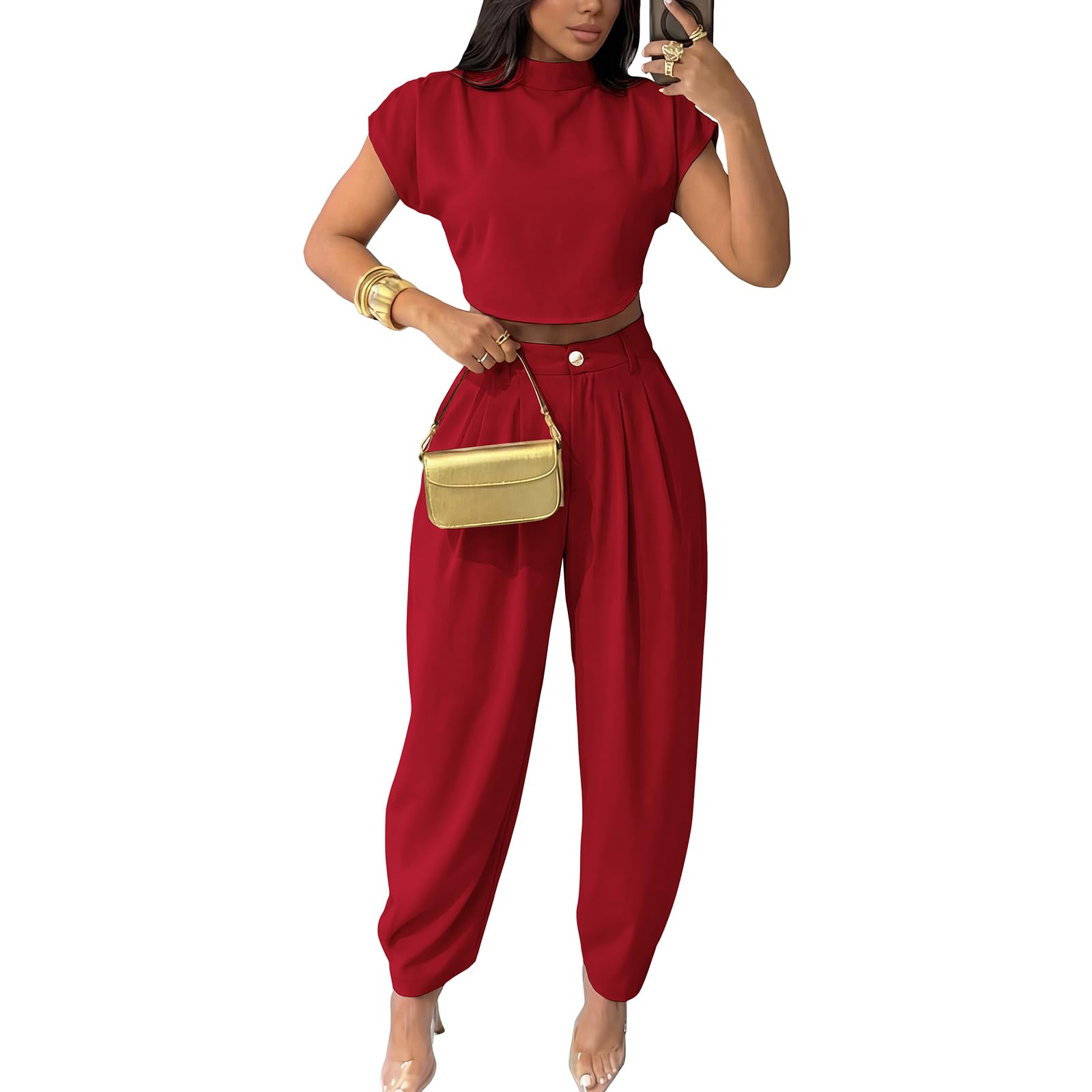 2 Piece Sets for Women Casual Mock Neck Cap Sleeve Crop Tops and Palazzo Pants Vacation Travel Outfits-image-16