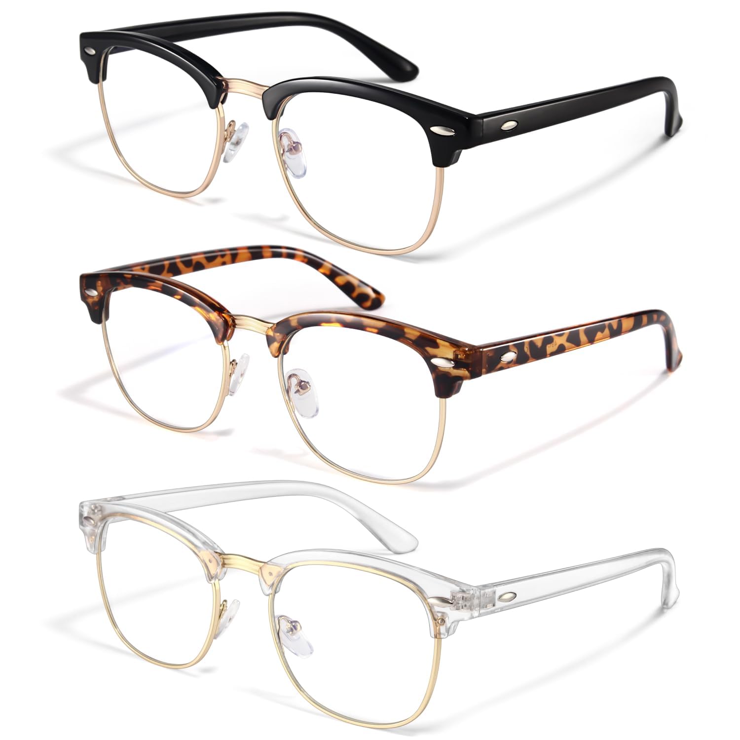 racico Gafas de bloqueo de luz azul para computadora, paquete de 3 lentes de luz azul para hombres y mujeres, lentes transparentes para juegos antiBlu-Ray, A4 negro brillante/oro cristal/oro tortuga,