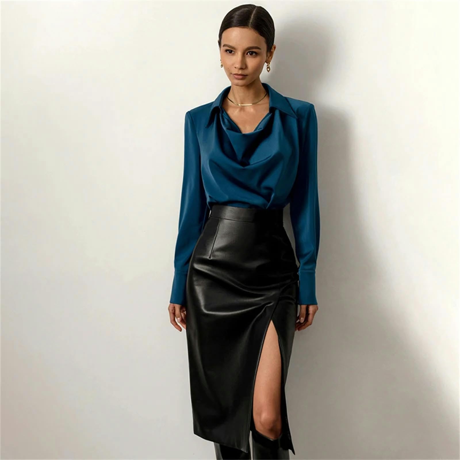 Gonna Lunga Donna Nero Faux Leather Side Split Gonna per Le Donne Bodycon Pu Gonna Gonne Slit-Nero-s(43-48kg)