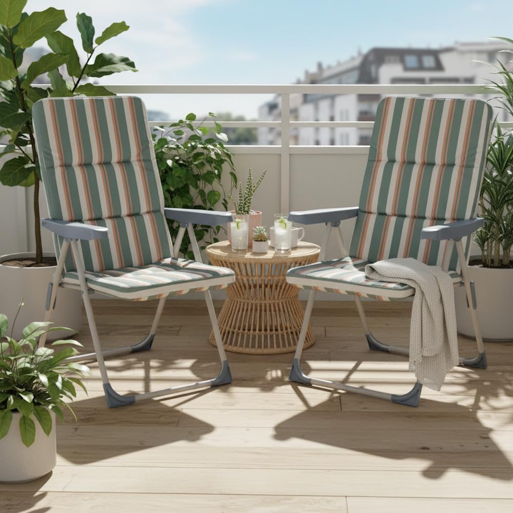 LOLAhome Sillón de Jardín Acolchado y Reclinable en 4 Posiciones. Estructura de Tubo de Acero y Lona Verde Multicolor. Colchón de 5 cm de Grosor. 61x58x106 cm.