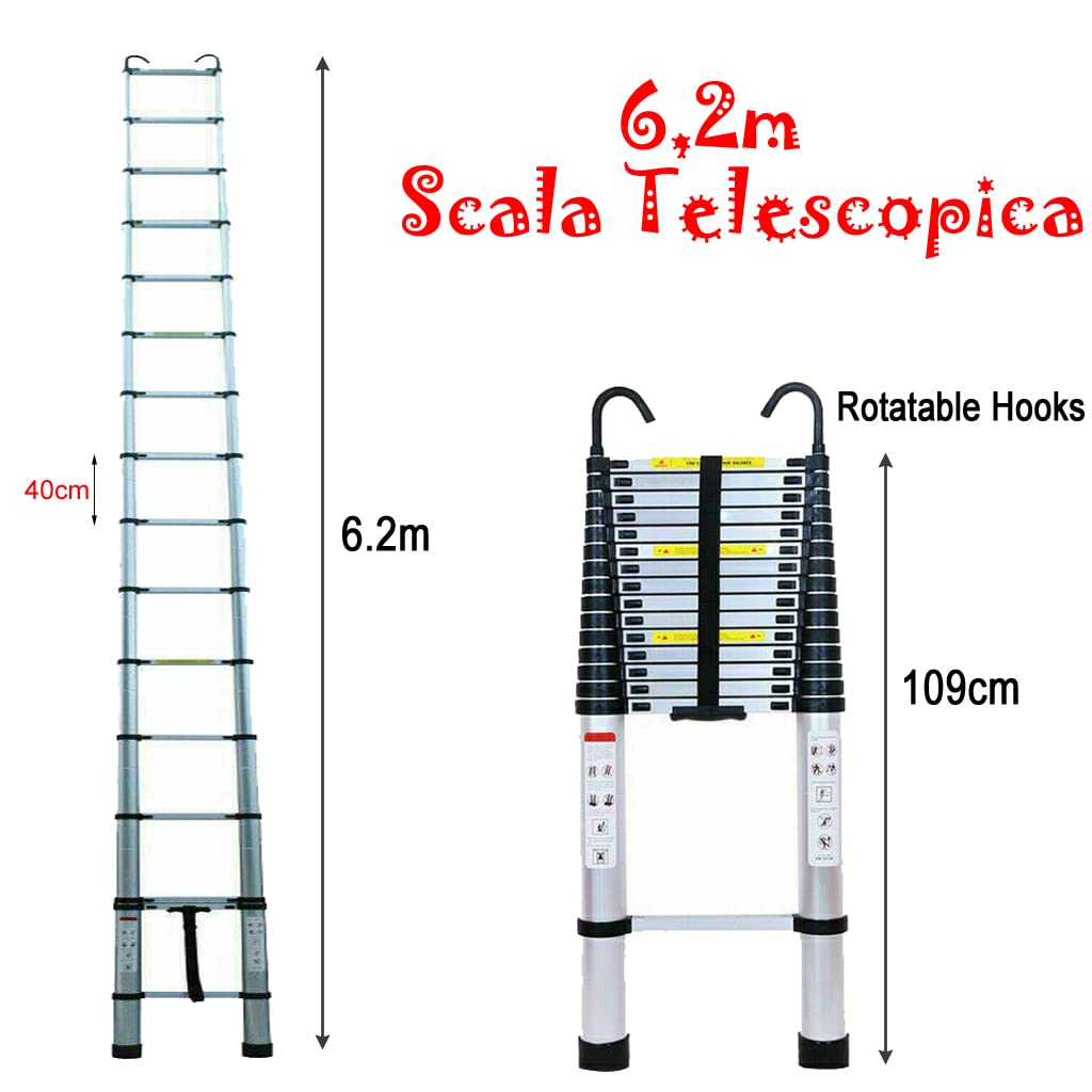 Scala Telescopica Alluminio 15 Gradini - 4.4m, Portata 150kg, Con Ganci - Foto 5