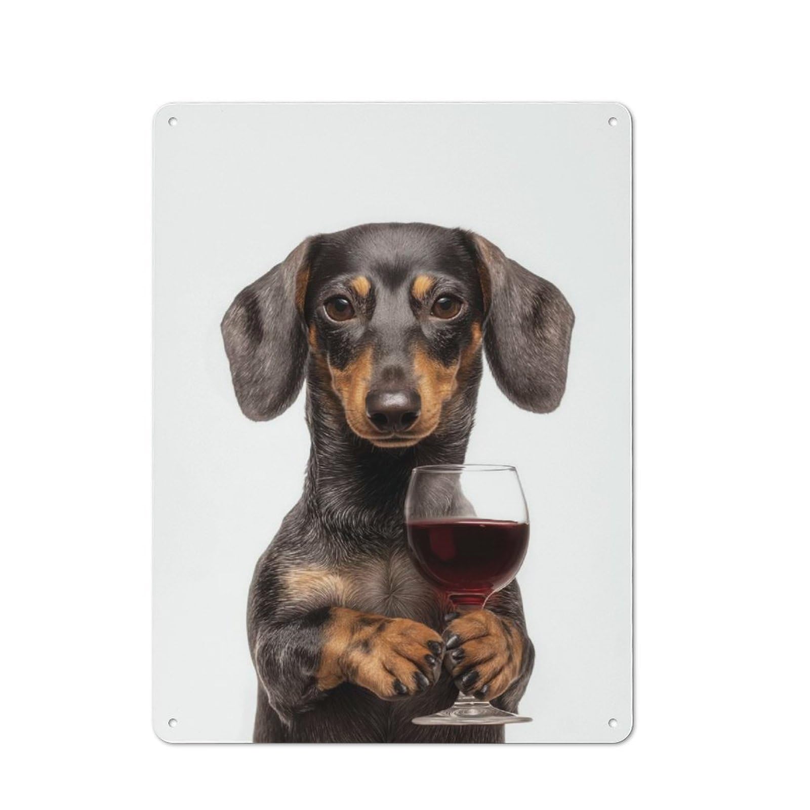 Metal Wall Sign 40x30cm Featuring Dachshund with Wine Glass for Garage Or Workshop, Suited to Workshop Owners