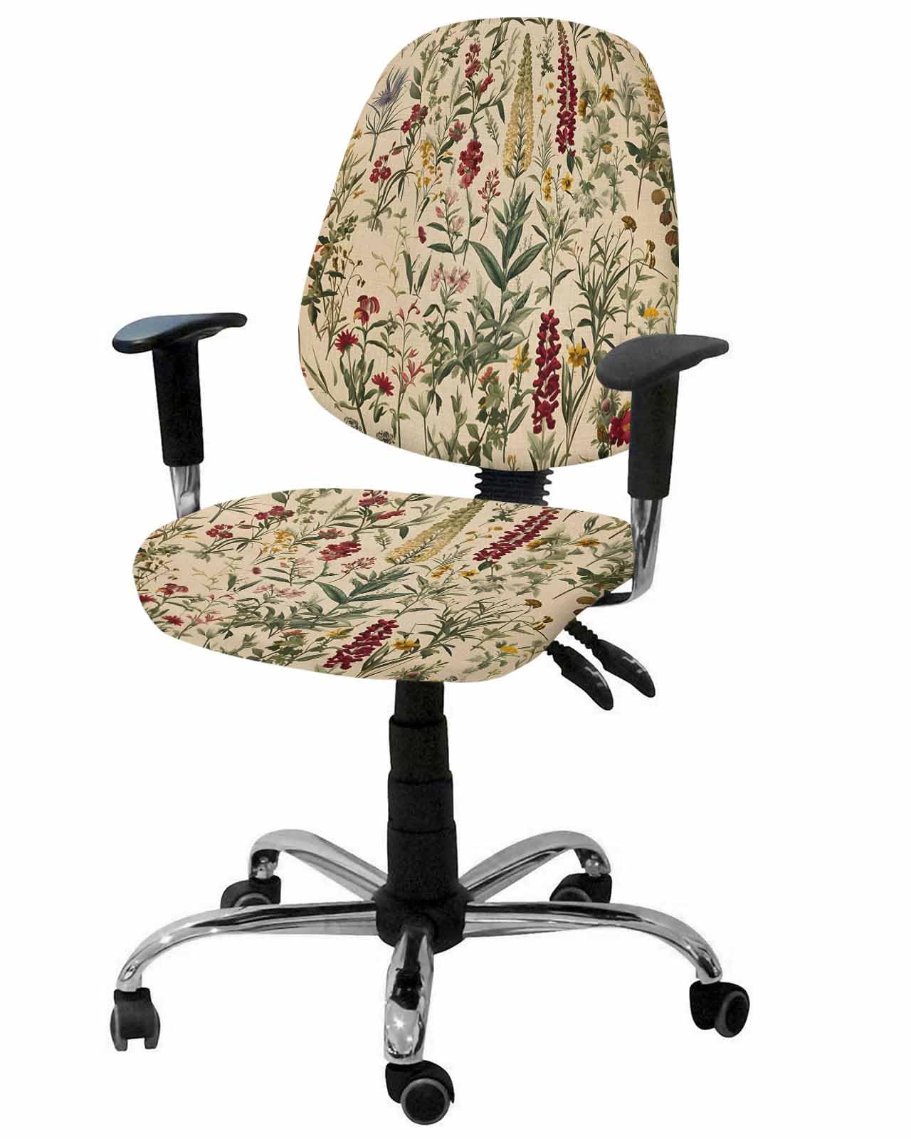 Farmhouse Flowers 2 Pieces Computer Office Chair Covers Set,Stretchable Desk Rotating Chair Seat Cushion Slipcover Back Covers,Retro Botanical Floral Herbs Plants Slipcover Back Cover,Protectors Cover