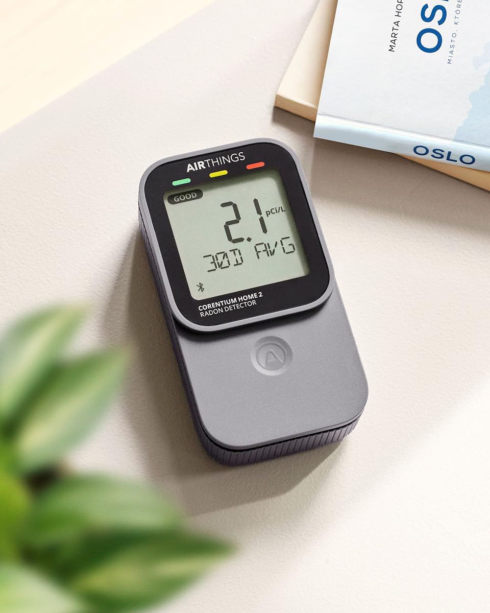 Corentium Home 2 Airthings - Détecteur de Radon numérique Intelligent - Portable et Facile à Utiliser avec connectivité Bluetooth et capteurs d'humidité et de température