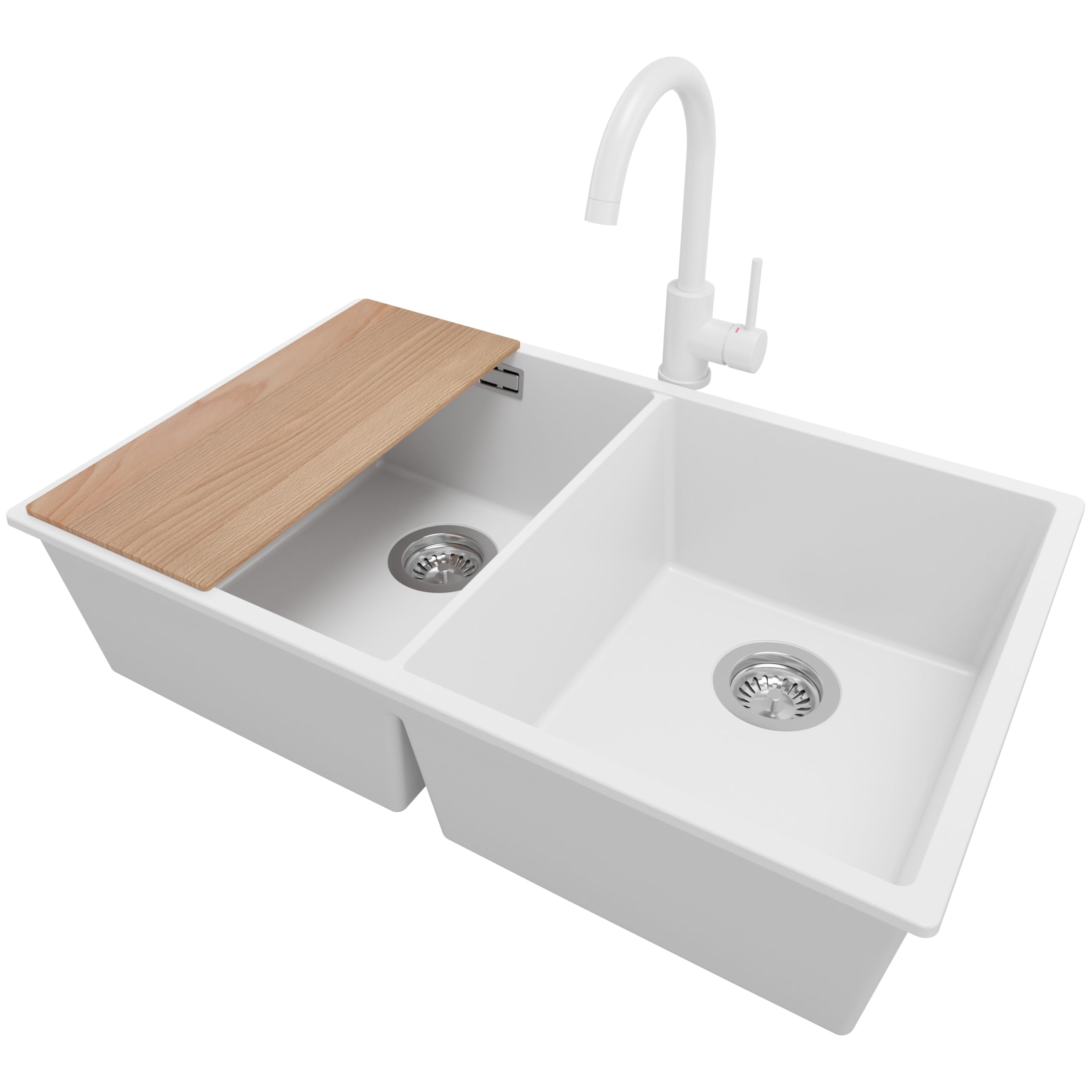 PRIMAGRAN Fregadero Granito Blanco - London Twin Slim, 76x47cm | Cocina 2 Senos + Grifo 32x20cm + Set de accesorios, sobre Encimera al Mueble 80cm (S069)