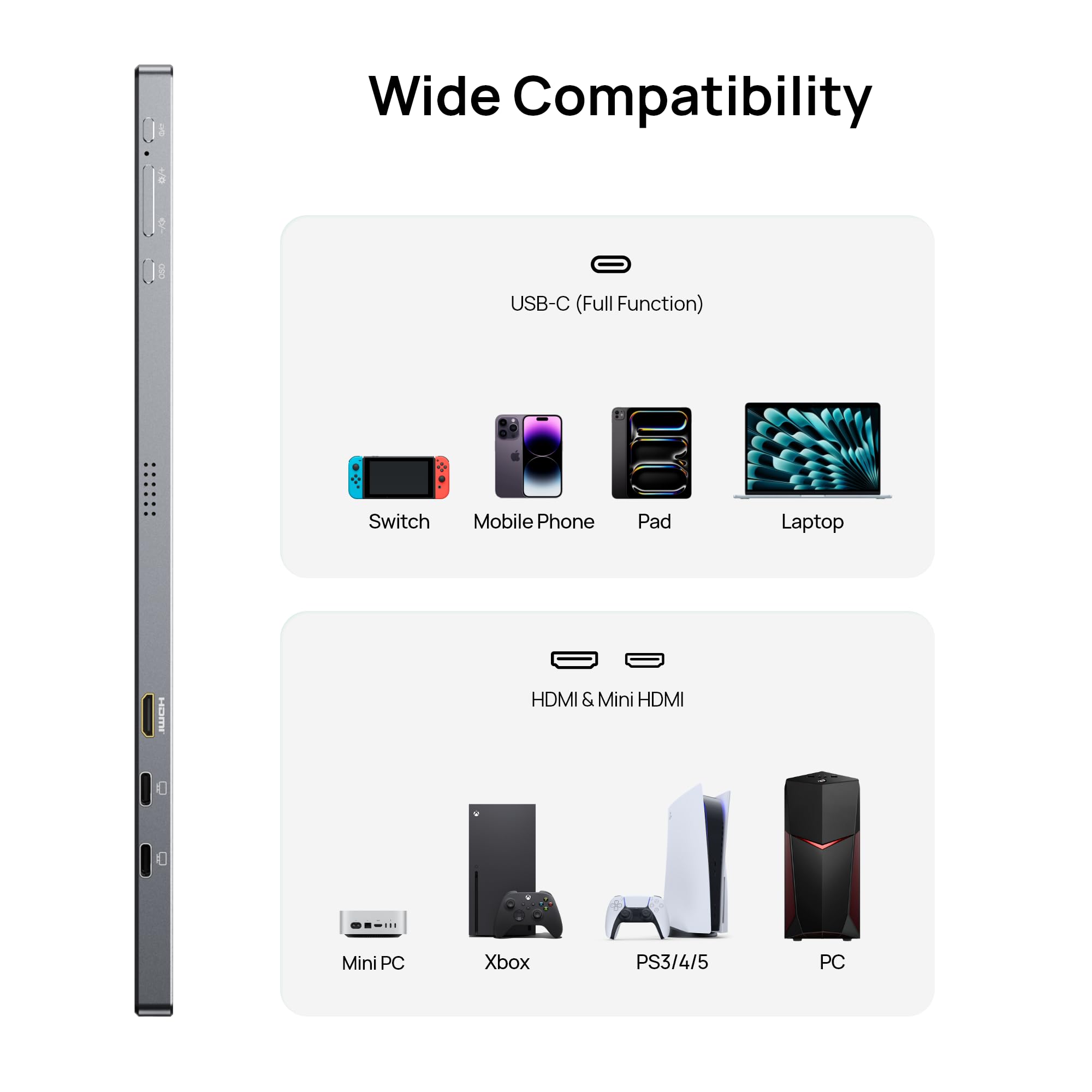 ARZOPA Portable Monitor, 15.6'' 1080P FHD Laptop Monitor USB C HDMI Computer Display HDR Eye Care External Screen w/Smart Cover for Mac Phone Xbox Switch PS5-S1 Table: 17.3" Z1C PLUS GRAY Gray