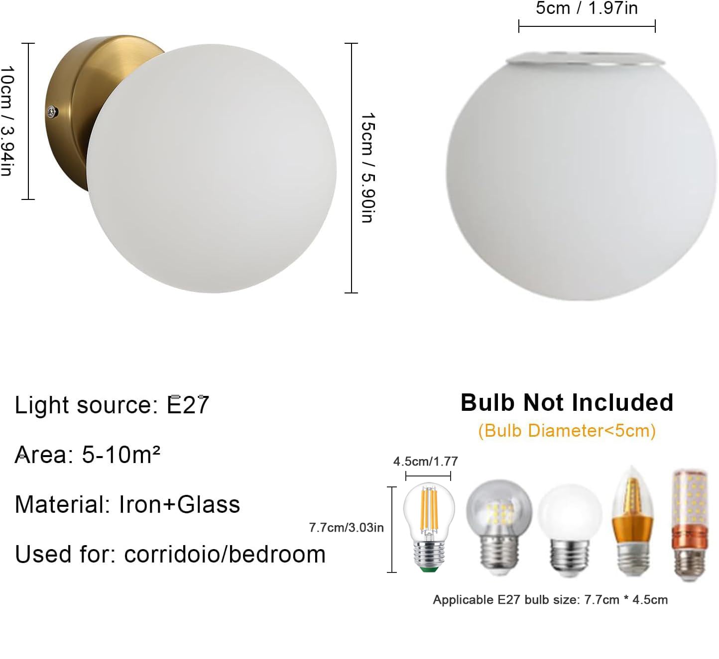 Applique da Parete Interno, Lampada da parete Moderno, Lampada sfera, E27 Lampada a Muro Paralume di vetro 15CM per Camera da Letto, Soggiorno, Corridoio, Senza Lampadina