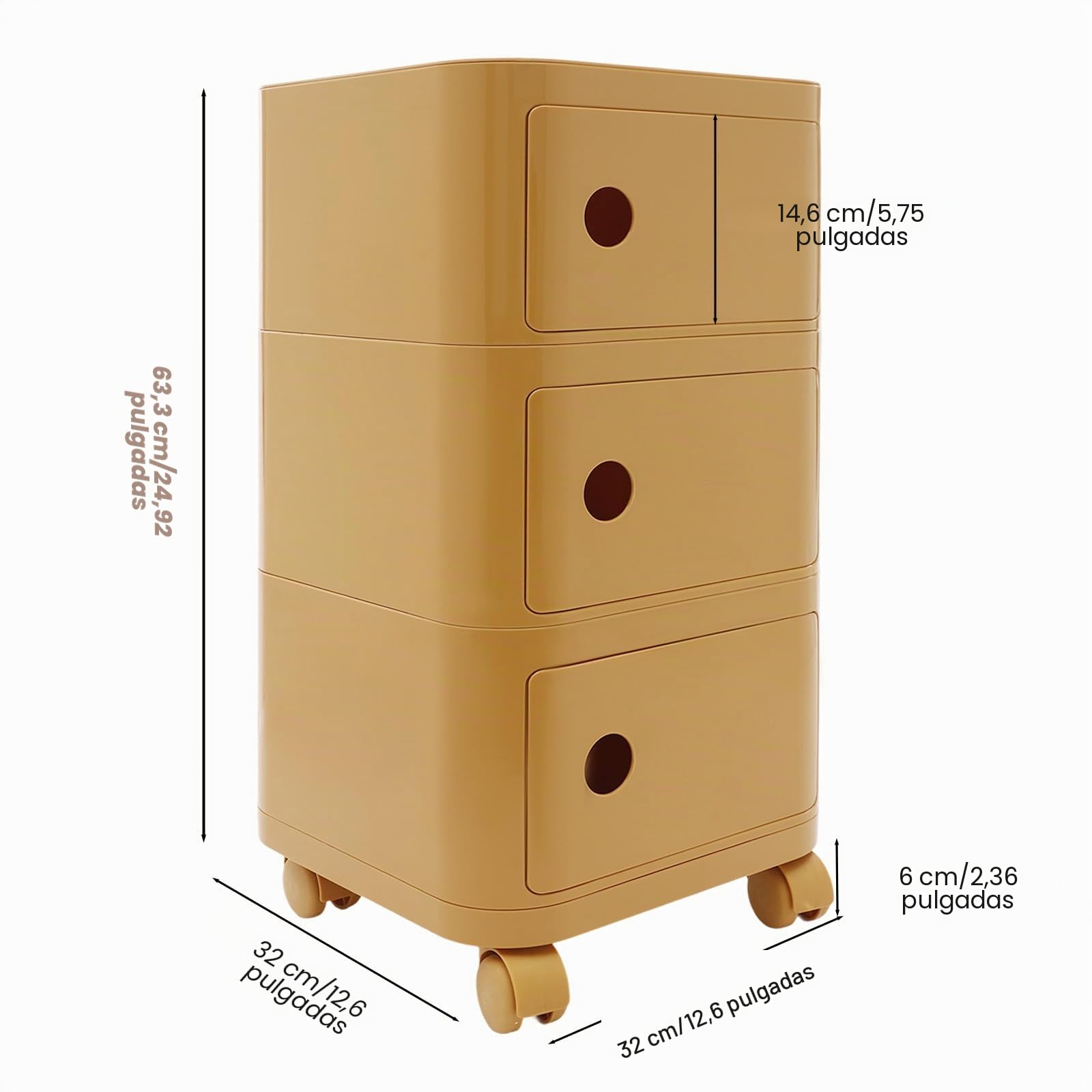 Cajonera con ruedas, Cajonera con ruedas con 3 cajones, Archivador bajo el escritorio, Armario de oficina con ruedas, para oficina y hogar (Amarillo jengibre)