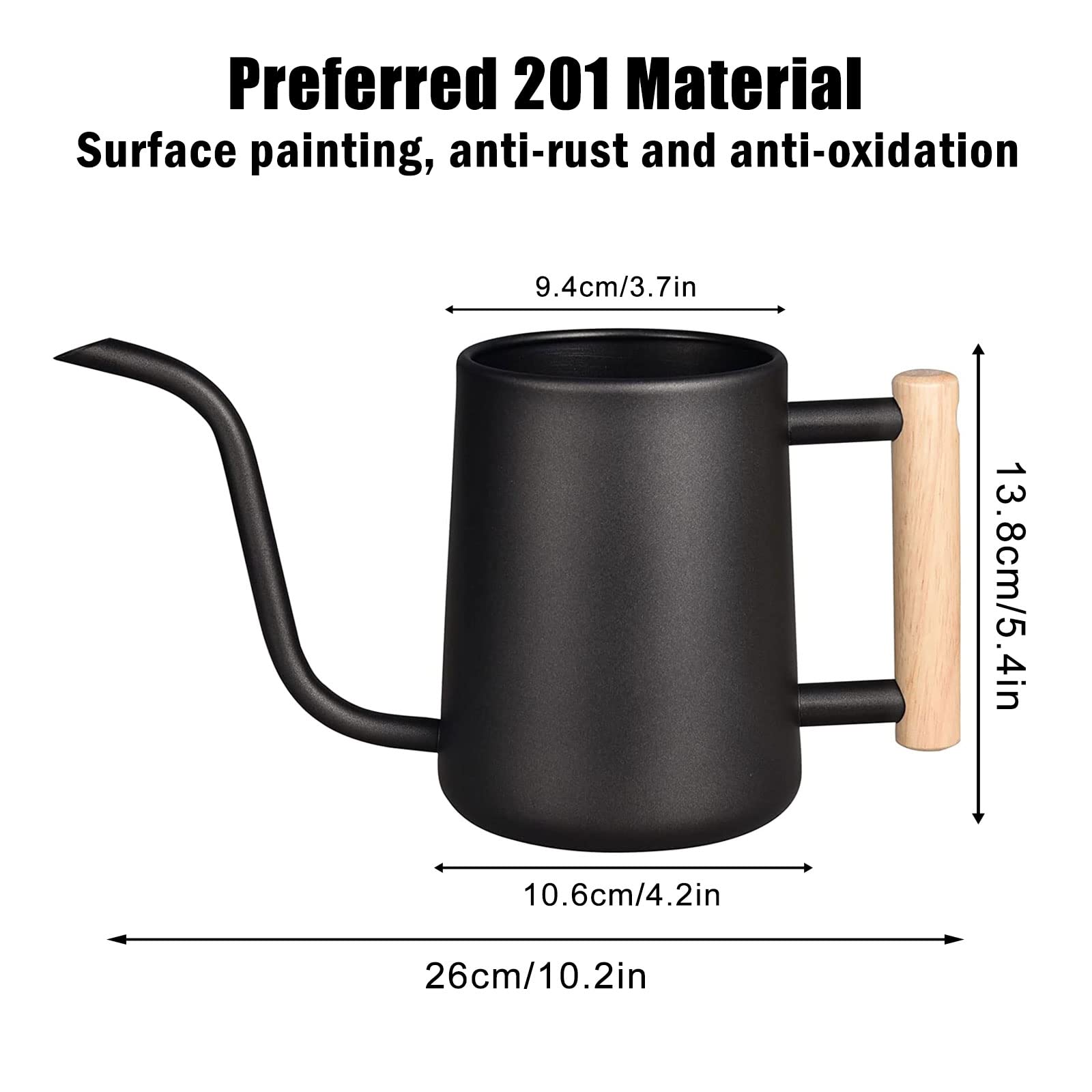 LanQii Gieter van roestvrij staal, 1000 ml, tuin, metaal, kleine gieter voor binnen, lange uitloop, handvat van hout, metaal, planten, watering voor huis, bonsai, bloemen voor buiten, zwart