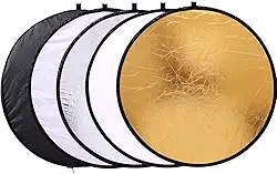 Rebatedor de Luz Fotográfico 5 em 1 Para Fotografia Circular Redondo Disco Circulo Refletor Prata Dourado Branco (80cm)