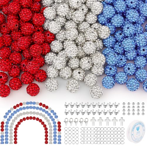 YONOVO 256Pcs 10mm Rhinestone Beads Kit for Baseball Necklaces 3 Colors Round Disco Ball Beads Set with Cross Charms and Accessories for Bracelets Earrings Jewelry Making DIY Decoration