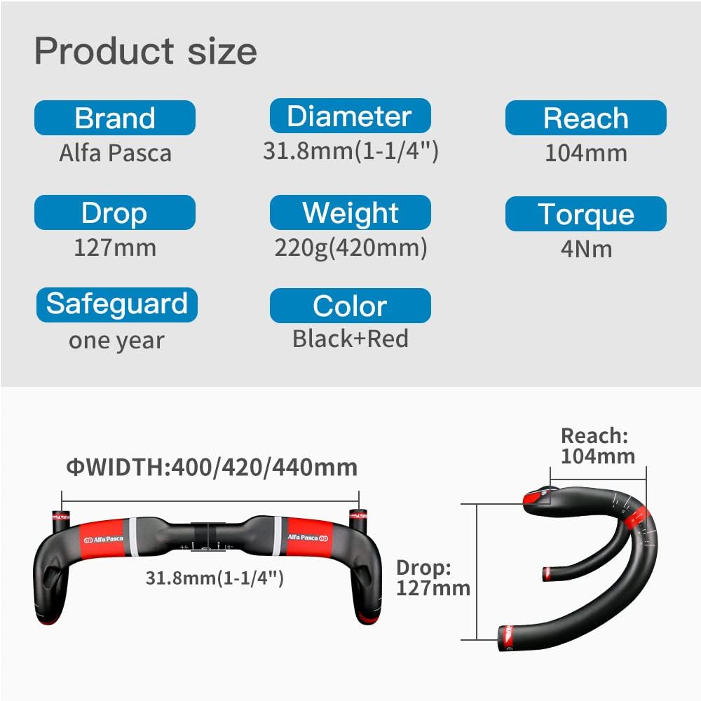 Alfa Pasca Aero Handlebars for Road Bike Carbon Racing Bicycle Handlebars Drop Bars Lightweight 31.8 UD Glossy/Matte 400/420/440mm