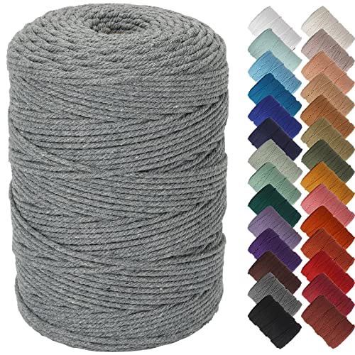 NOANTA Gray Macrame Cord 3mm x 328yards, Colored Macrame Rope, Cotton Rope Macrame Yarn, Colorful Cotton Craft Cord for Wall Hanging, Plant Hangers, Crafts, Knitting