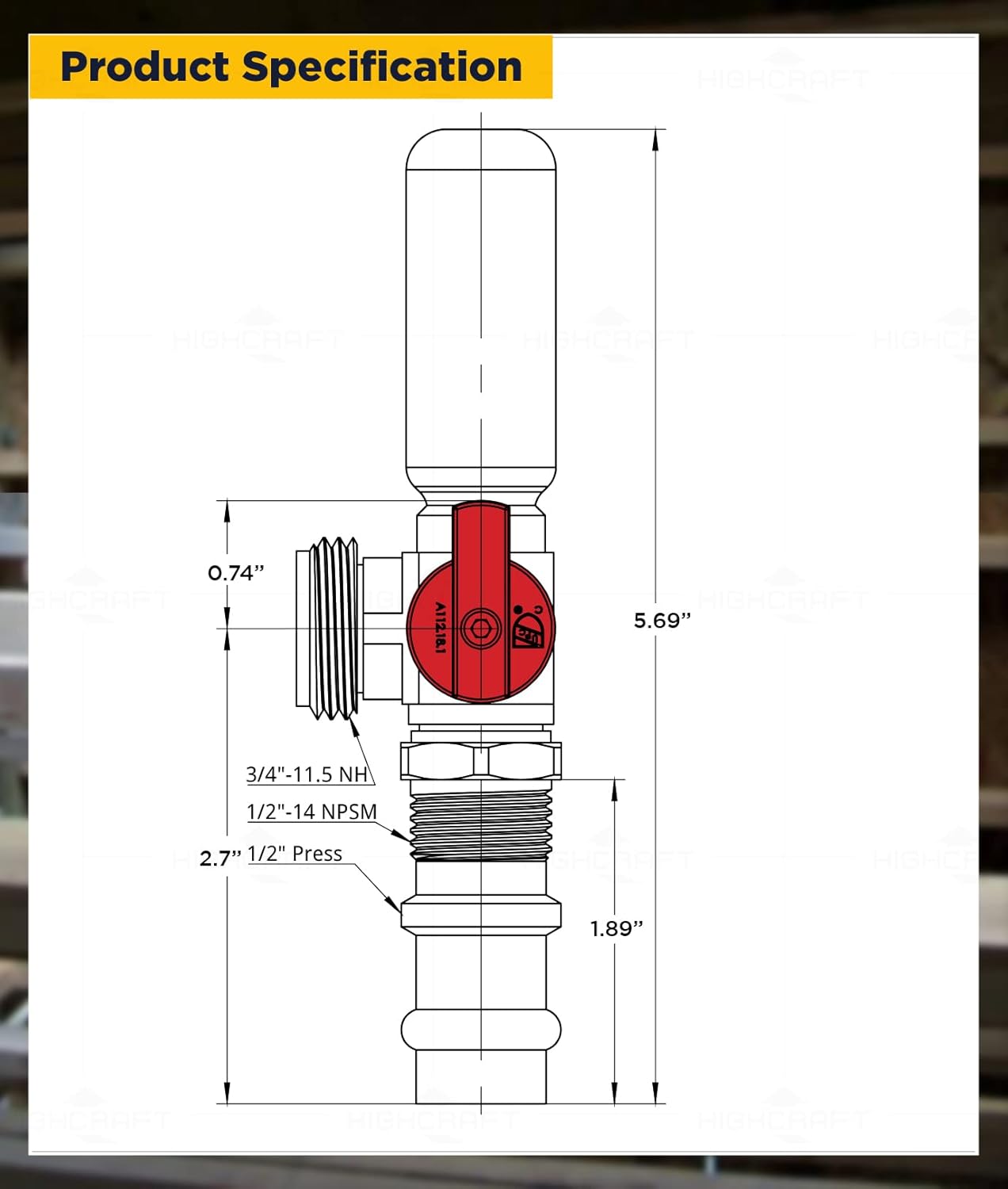 Highcraft 540SI Washing Machine Replacement Valve with Hammer Arrestor 1/2’’ Press Inlet x 3/4’’ MHT Outlet; Brass; Red- for Hot Water Supply