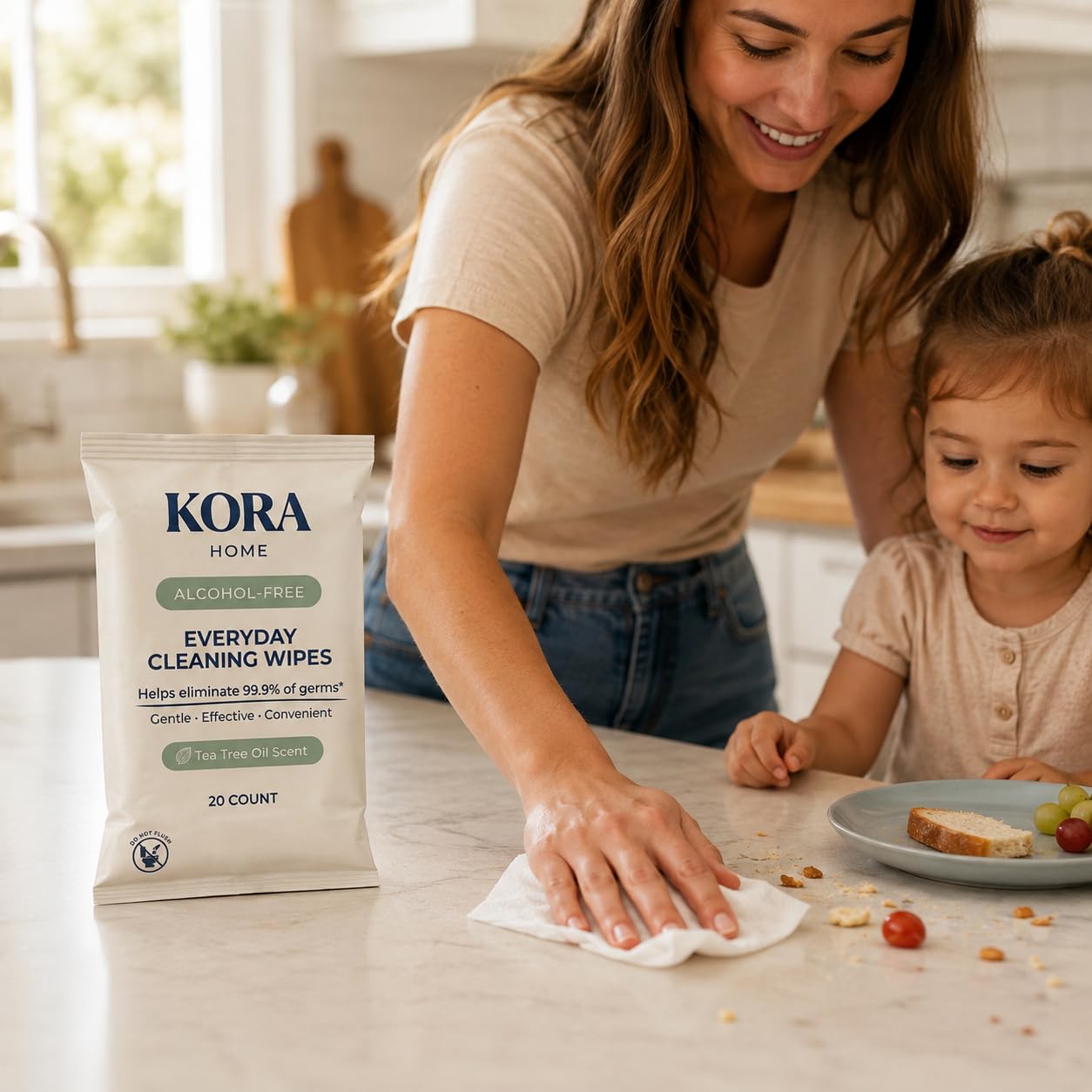 Kora Home Hand Sanitizing Wipes – Alcohol-Free with Tea Tree Essential Oil, Soft Viscose Blend Cloth, Individually Wrapped Travel Size Packets, 20 Count (Pack of 6) — Amazon image 3