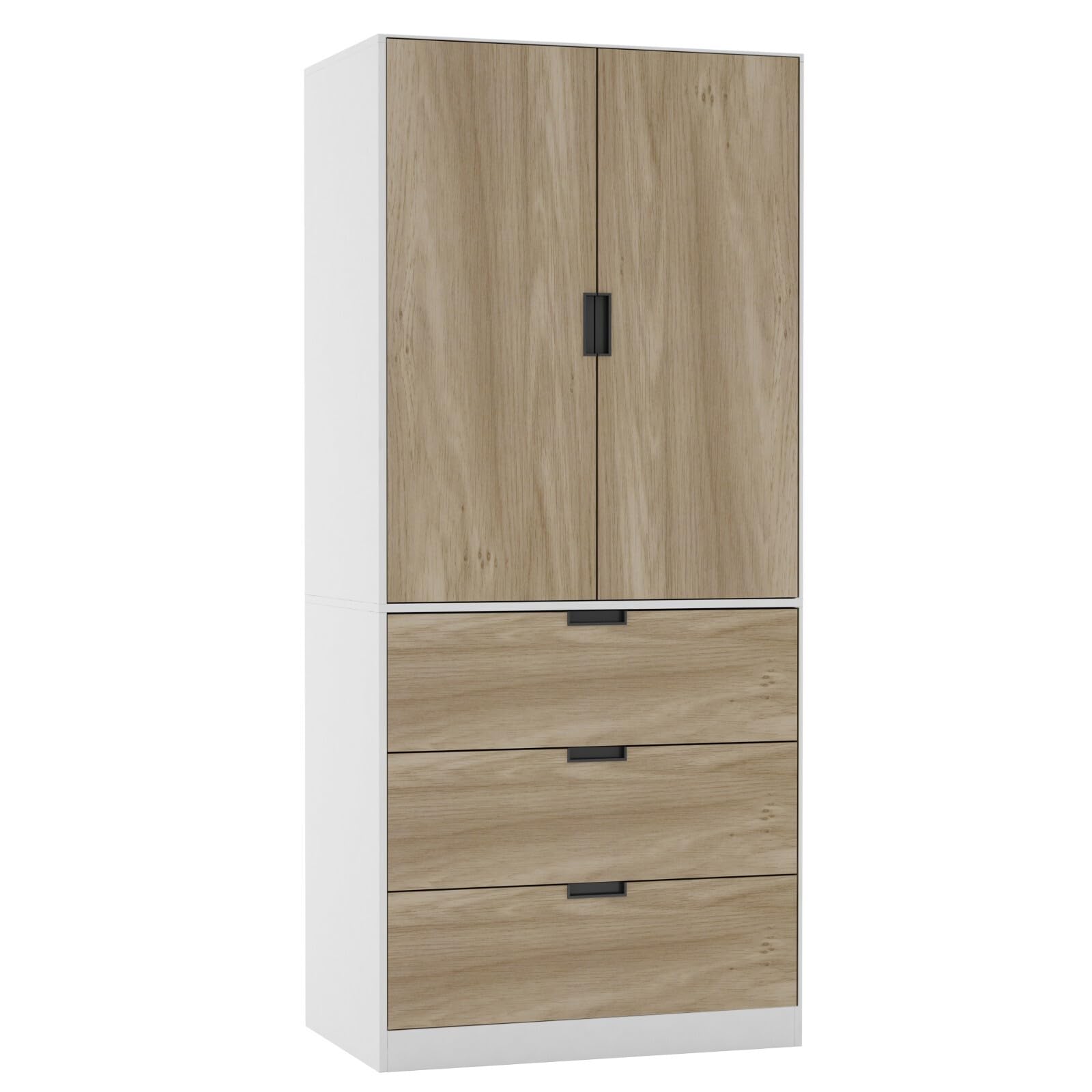 URBNLIVING Modern 2 Door Wardrobe with 3 Drawers & Hanging Rail, Stylish Freestanding Storage, Spacious Interior, Durable Chipboard Build, Easy to Assemble Bedroom Furniture