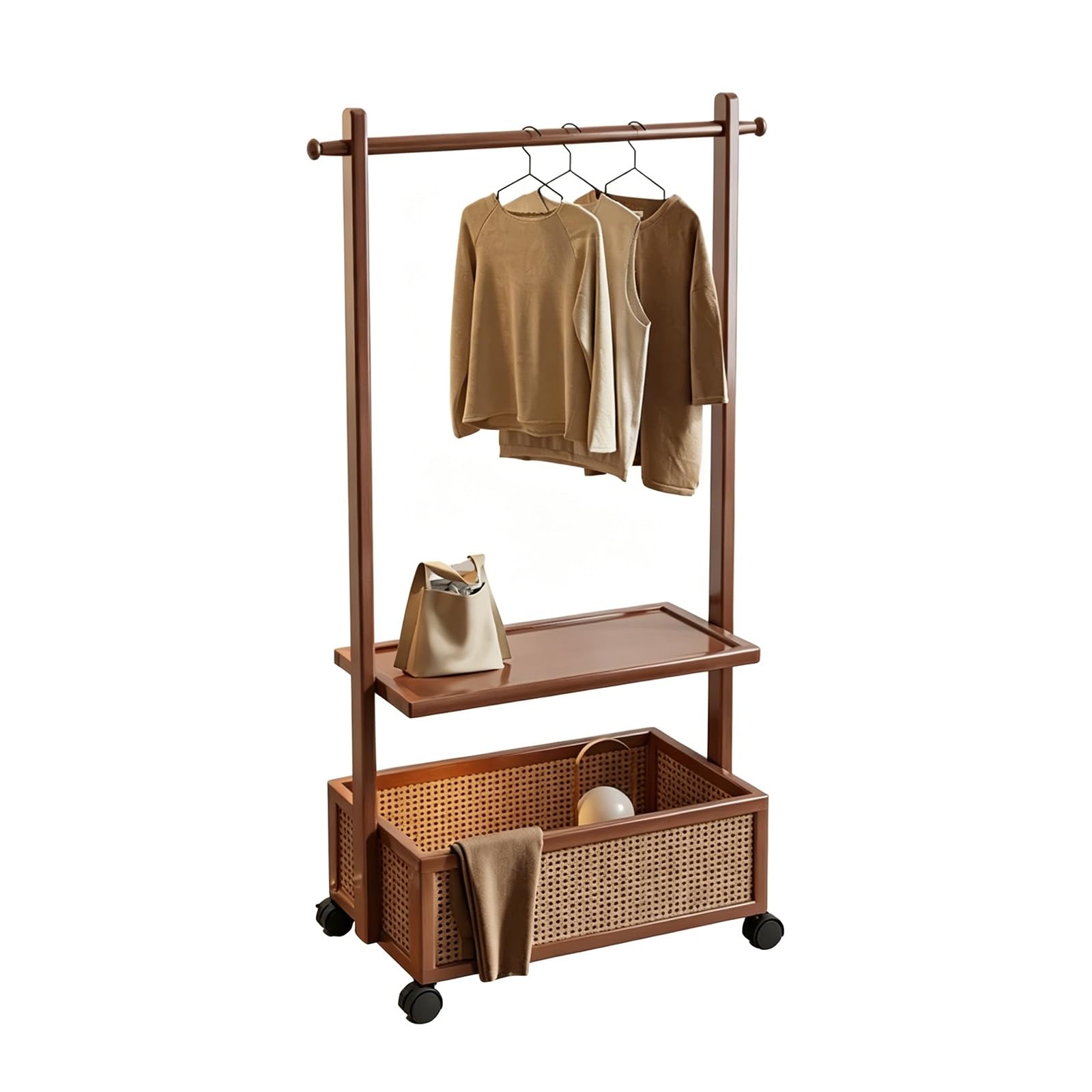 lyxamjrzyp Bamboo Clothes Rack, Freestanding Clothing Rack with Storage Basket, Garment Organizer for Hanging Clothes in Bedroom Living Room Entryway(19.6in/50cm)