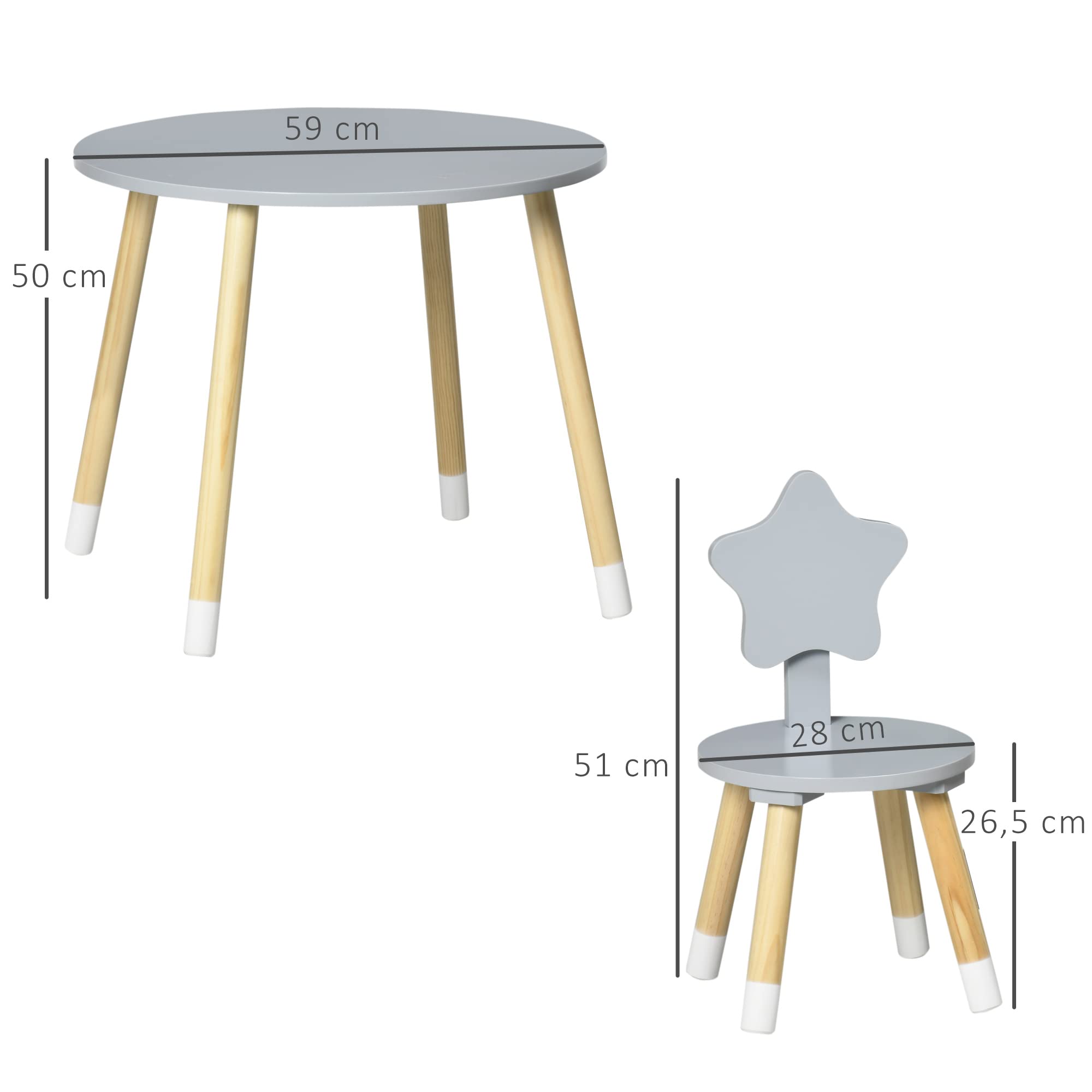 HOMCOM Juego de Mesa y 2 Sillas de Madera para Niños con Mesa Redondo Ø59x50 cm y Sillas Ø28x51 cm Muebles Infantiles para Sala de Juego Dormitorio Gris