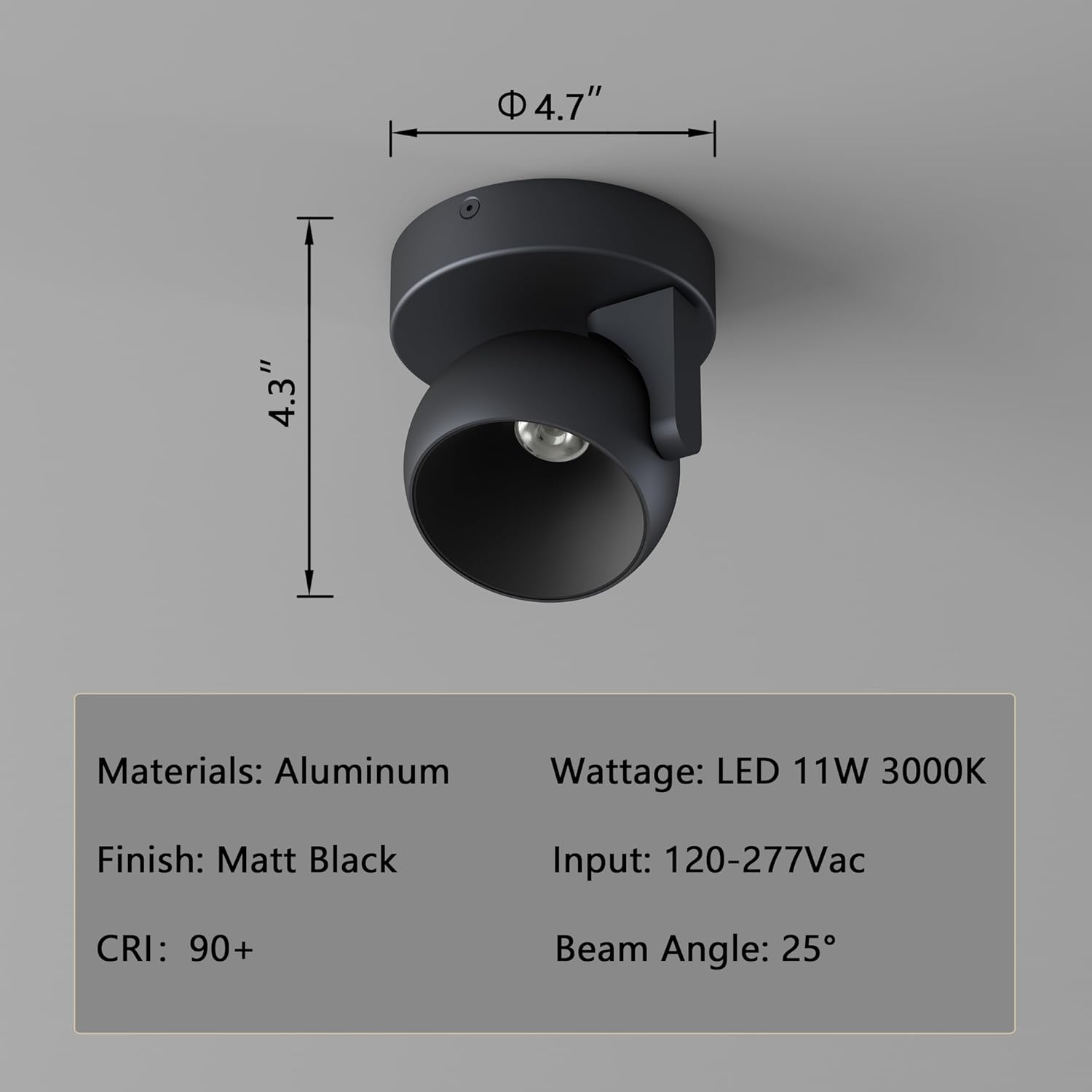 LED Ceiling Light Dimmable Flush Mount Adjustable Ceiling Light Fixture, Directional Spotlight for Pictures Living Room Bedroom Foyer - 3000K 11W 25° Flicker Free (Black)