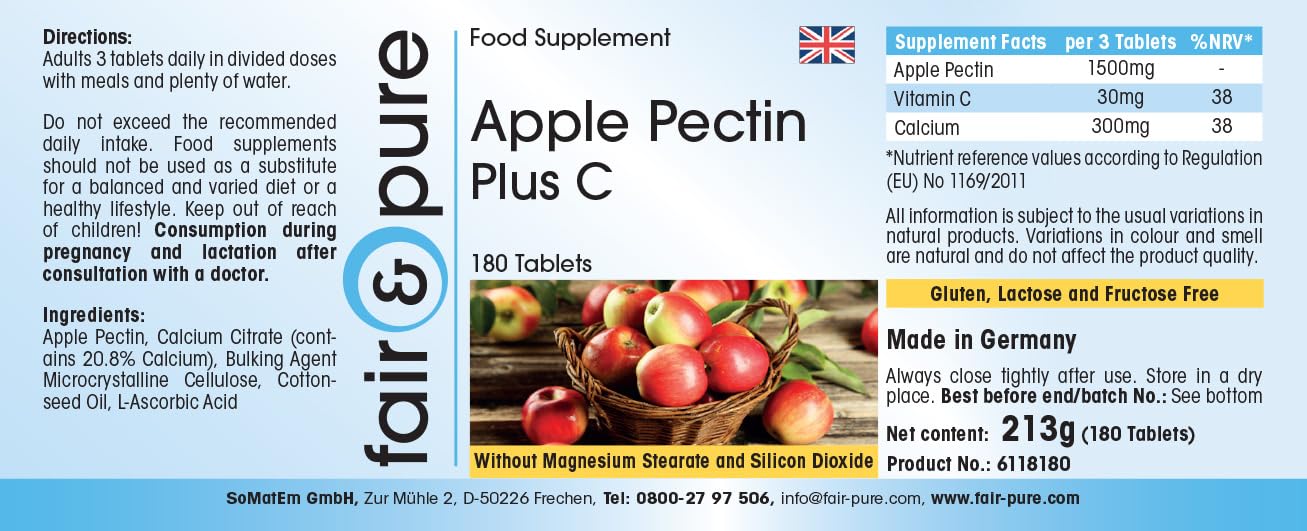 Fair & Pure® - Pectine de Pomme Plus C et calcium - Végan - fibres naturelles - 180 comprimés - emballage pour 2 mois
