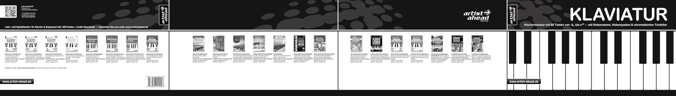 Klaviatur: Ausklappbare Klaviertastatur mit 88 Tasten von A'' bis c''''', mit Notennamen, Notensystem und chromatischer Tonleiter (360g-Kartonpapier).