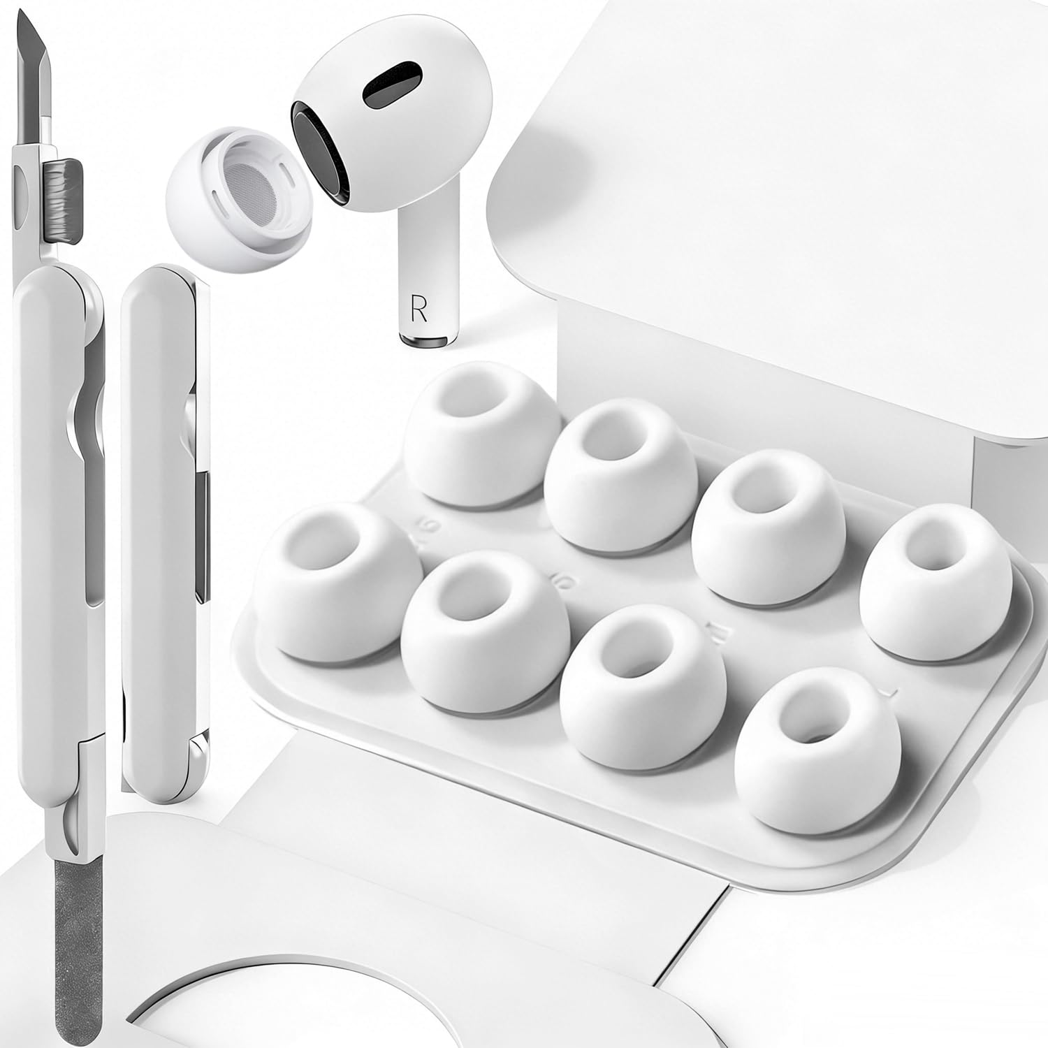 1 Sizes of Ear Tip Replacement Compatible with AirPod Pro and AirPods Pro 2 Ear Tips with Portable Storage Box & Cleaning Kit, Noise Reduction Hole & Dense Dust Guard Screen(S)-White