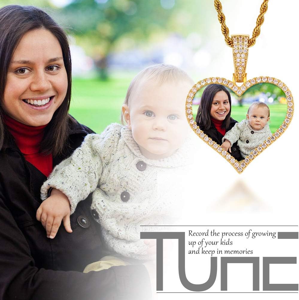 TUHE Custom Picture Necklace Personalized, Customized with Text Engraving & Photo Pendant Necklaces, Gold Plated Diamond Round Angle Wings Heart Hip Hop Chain Necklace for Men Women Memory Necklace
