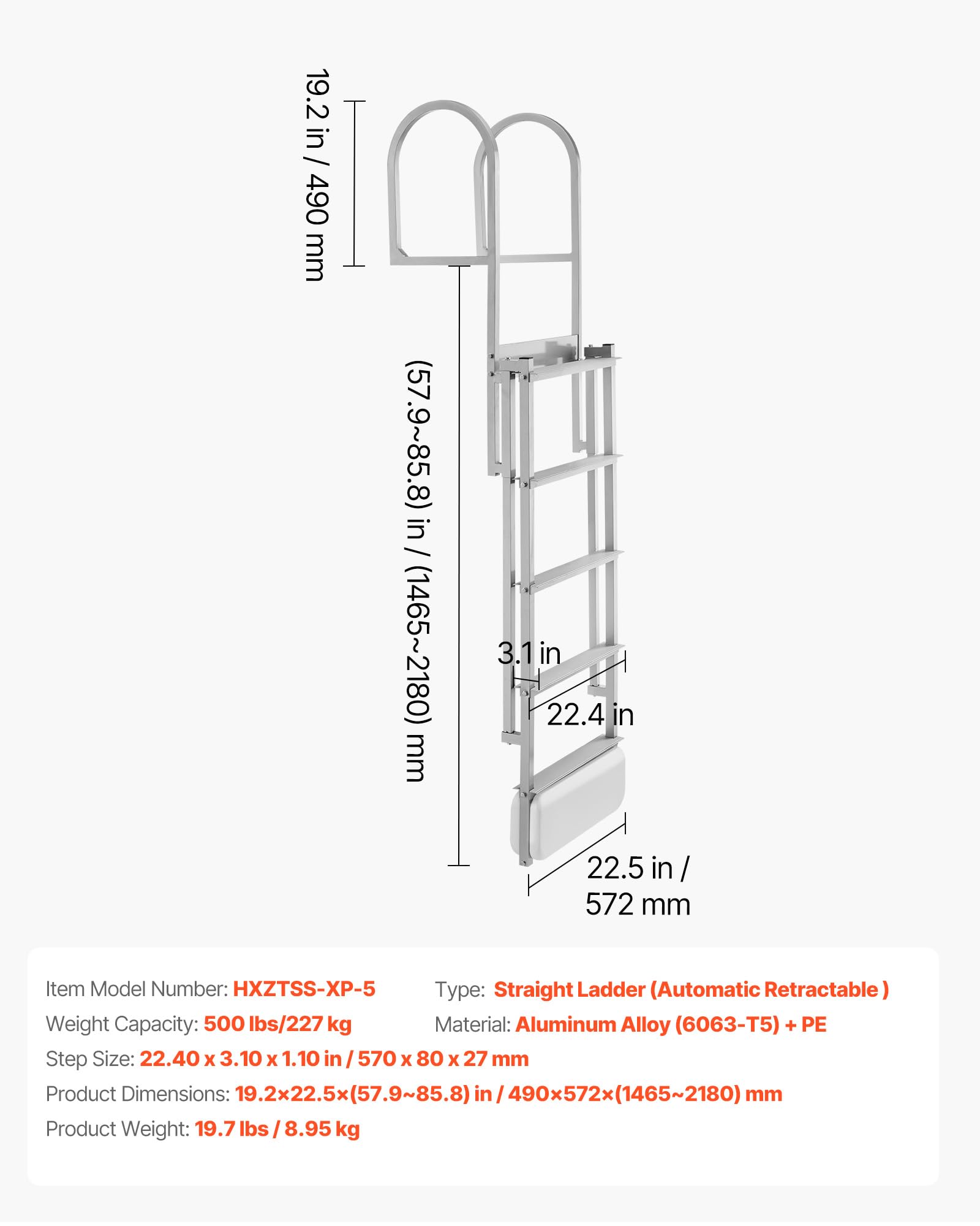 VEVOR Escalera de Muelle Capacidad de 227 kg con 5 Peldaños Antideslizantes, Pasamanos, Escalera Retráctil de Aluminio con Elevación Automática para Piscina Plataforma de Natación Pontón Lago Barco