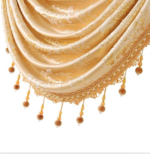 Miniatura 3 de ELKCA Cenefa de cascada de jacquard dorado de damasco para cocina, sala de estar, cenefa con bolsillo para barra para ventana pequeña, 39 pulgadas,